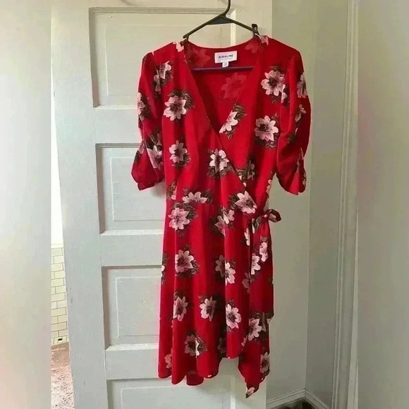 floral red sundress wrap around with puffy sleeves size large - Picture 7 of 9